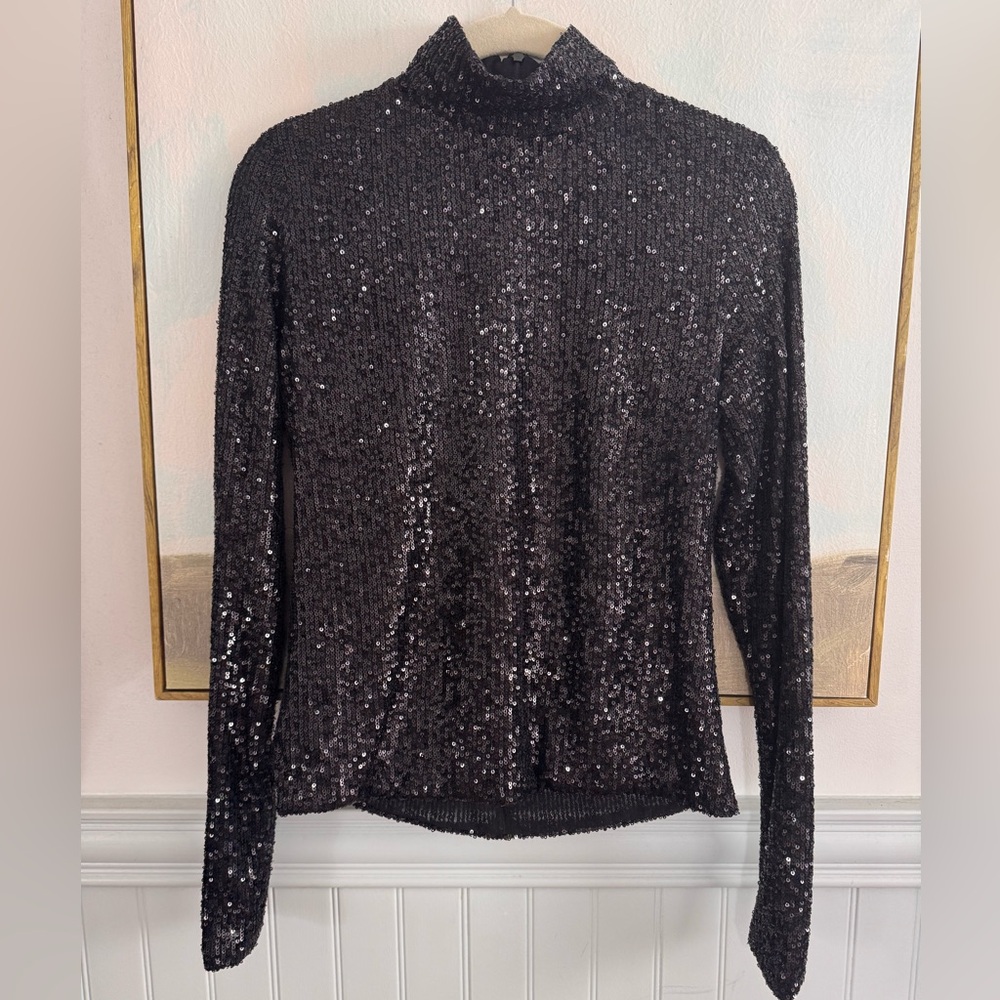 RONNY KOBO Black Sequin Tivia Top Mock Neck Turtleneck Size M - Picture 2 of 7